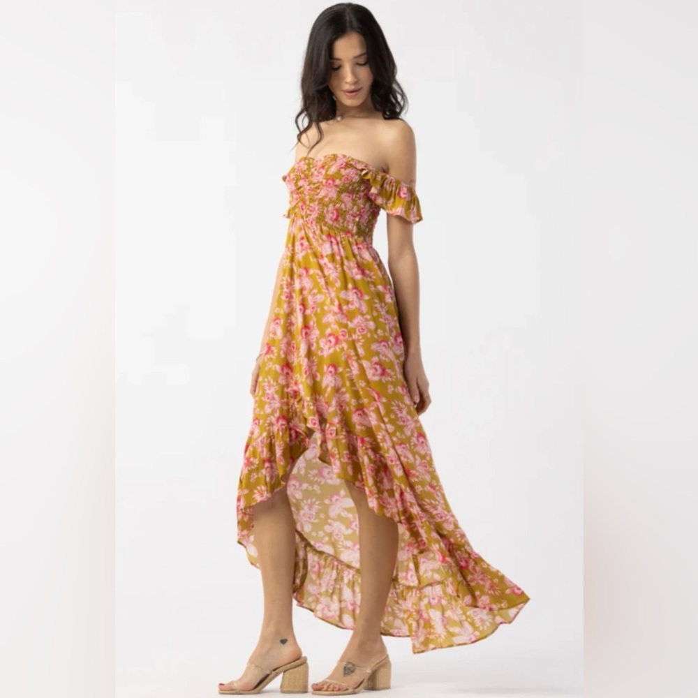 Tiare Hawaii Naturals Brooklyn High-Low Maxi Dress Smocked Green/Tropic/Pink OS